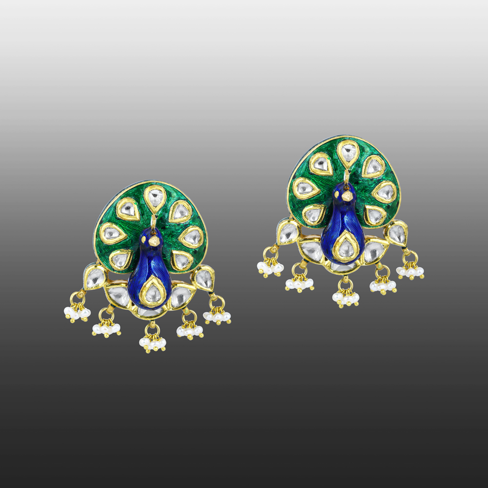 Peacock Motif Polki Earrings with Enamel and Pearls Cluster